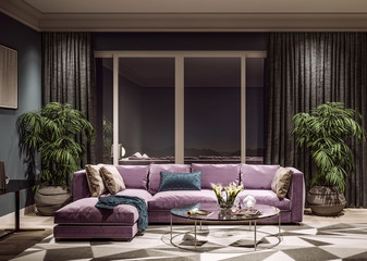 Modern interior design of living room, Taiwan, Taipei city skyline