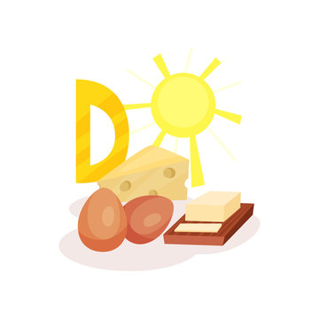 Sources of vitamin D chicken eggs, butter, cheese and sun. Organic and healthy products. Flat vector for infographic poster
