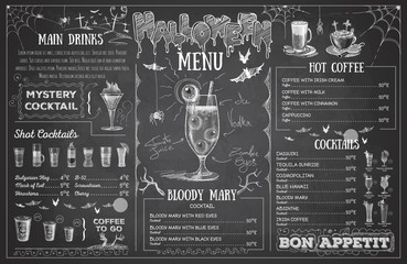 Vintage chalk drawing halloween menu design. Restaurant menu