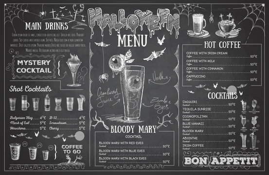 Vintage chalk drawing halloween menu design. Restaurant menu