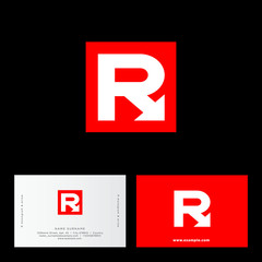 R letter. Delivery logo. R monogram with arrow, isolated on a red background.  Identity. Business card.