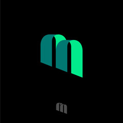 M letter. M monogram consist of green ribbons, isolated on a dark background. Monochrome option.