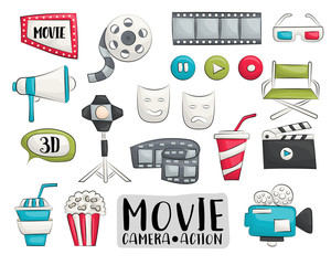 Obraz premium Movie cinema icons set. Colorful hand drawn doodle objects. Vector illustrator.