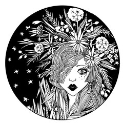 Circle composition of a girl with flowers in hair.