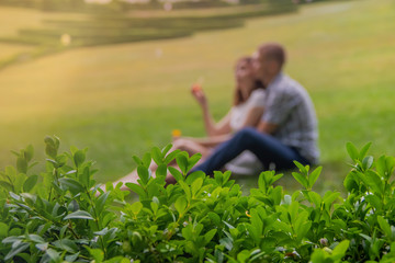 Loving couple resting in the park in romantic feelings