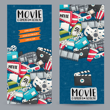 Movie Cinema Theme. Vertical Banner Template Set.  Modern Hand Drawn Doodle Design. Vector Illustrator.