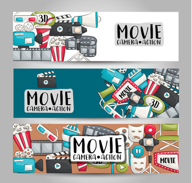 Movie cinema theme. Horizontal banner template set.  Modern hand drawn doodle design. Vector illustrator.