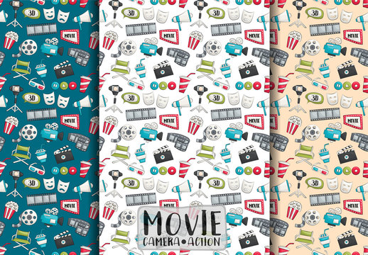 Movie cinema design. Seamless pattern set. Film theme background paper. Vector illustrator.