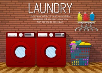 Laundry room interior with two washing machines and clothes basket on brick wall background