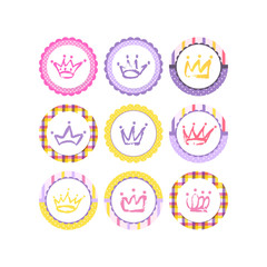 Set of Baby shower tag, sticker for shop advertising. Cartoon hand drawn Crown icon for a little Princess