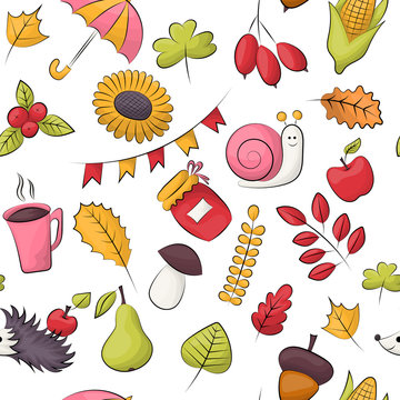 Autumn season theme. Seamless pattern. Repeating background for textile, wrapping, wallpaper. Vector illustration.