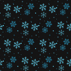 Snowflakes decorated with circles and dots. Vector winter design on black background. Christmas and New Year theme. Happy smiling violet and blue snowflakes seamless pattern. eps10