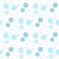 Abstract seamless pattern of falling blue snowflakes on white background. Winter pattern for banner, greeting, Christmas and New Year card, invitation, postcard, paper packaging. Vector illustration