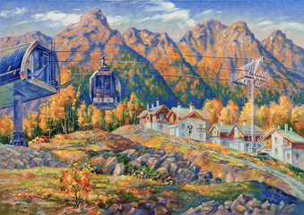 An oil painting on canvas. Ski lift at the ski resort of Rosa Khutor.Mountain landscape in bright and juicy tones. Author: Nikolay Sivenkov.