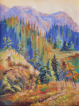 Autumn in the mountains of Taimyr Peninsula. Artistic work in bright and juicy tones. Painting: oil on canvas. Author: Nikolay Sivenkov.