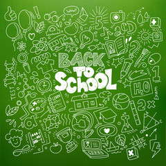 Hand drawn back to school doodles and sketch style lettering on chalkboard background. Vector black and white linear illustration. For banners, posters, flyers. A lot of education icons, study symbols