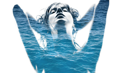 beauty and sensuality concept - double exposure of beautiful seductive woman and blue sea water...