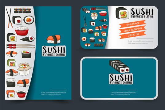 Sushi bar or restaurant flyer and business cards set. Vector illustration.
