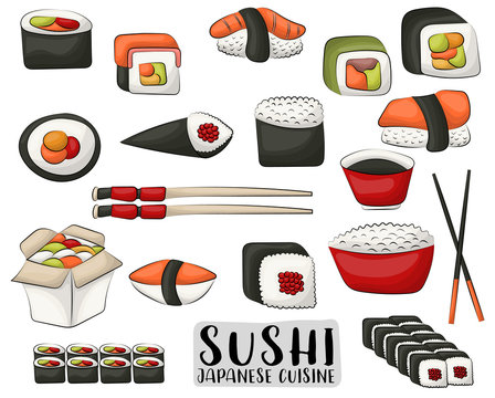 Sushi and rolls set. Japanese cuisine concept. Icons and objects for asian restaurant menu or advertisement. Vector illustration isolated on white background.