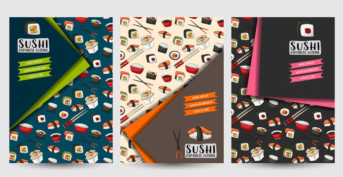 A set of flyers for sushi bar or restaurant. Asian food brochires or menu cover. Vector illustration.
