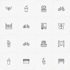 City Park line icon set with swing, bicycle and butterfly