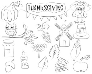 Thanksgiving holiday icon set. Autumn harvest design concept. Black and white outline coloring page kids' game. Vector illustration.