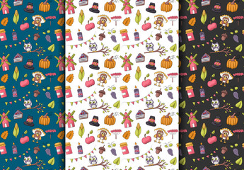 Thanksgiving seamless pattern set. Autumn harvest repeat background. Turkey day backdrop for cover, textile, wrapping paper. Vector illustration.