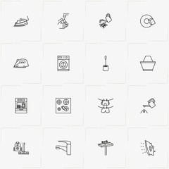 Cleaning line icon set with watering can, basket and faucet