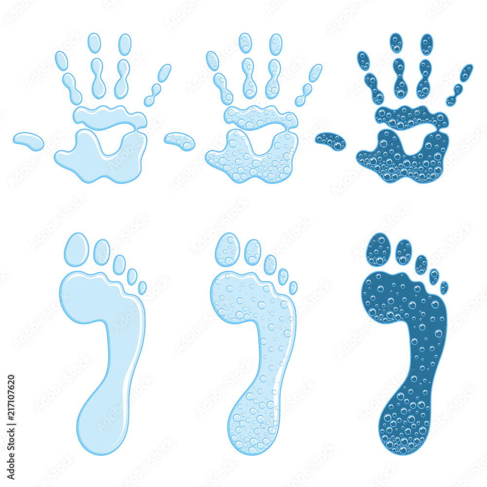 Poster set of color illustrations with a footprint and a handprint. isolated vector objects on white backgr
