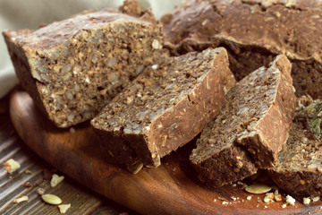baked bread on wooden table background