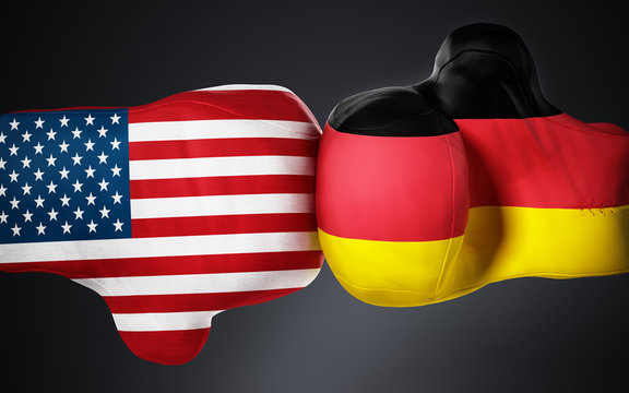 American and German flag textured boxing gloves on black. 3D illustration