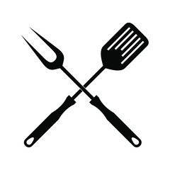 BBQ or grill tools icon in flat design. Sign crossed barbecue fork with spatula. Isolated black symbols on white background. Simple silhouette BBQ tools. Logo. Vector illustration