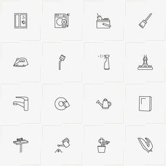 Cleaning line icon set with cleaning sponge for plates, vacuum cleaner nozzle  and rag