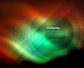 Neon glowing techno lines, hi-tech futuristic abstract background template with circles, landing page template