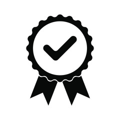 Black icon approved or certified medal. Isolated on white background. Flat design vector illustration.