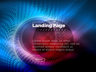 Neon glowing techno lines, hi-tech futuristic abstract background template with circles, landing page template