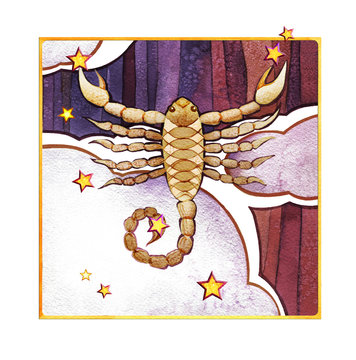 Astrological sign of the zodiac Scorpion, watercolor in retro style, on a dark  pattern backgro