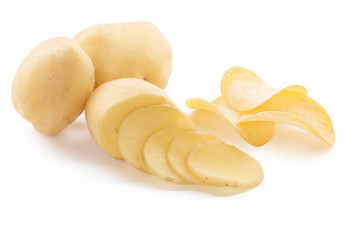 crispy chips and raw potato on white background