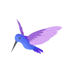 Flat vector icon of beautiful blue hummingbird with big purple wings. Small tropical bird with long thin beak. Fauna theme.