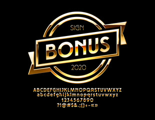 Vector Logo with Text Bonus. Set of Golden Alphabet Letters, Numbers and Punctuation Symbols