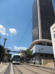Fototapeta premium Tram line near the Tour de Bretagne in Nantes