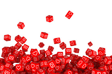 Many of the falling blocks with the social icons on the faces. 3d illustration