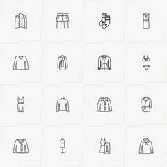 Clothes line icon set with dress, coat and jacket