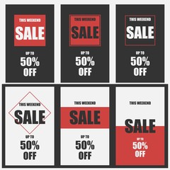 Set of 6 weekend sale banners. The weekend sale poster, up to 50 off.