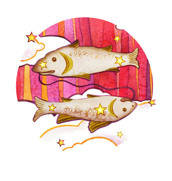 Astrological sign of the zodiac Pisces, isolated on a white background. Two fish swimming one after another. Isolated on a round  pattern background