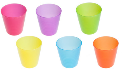 Multicolor plastic cups on white background isolated. Modern cup design