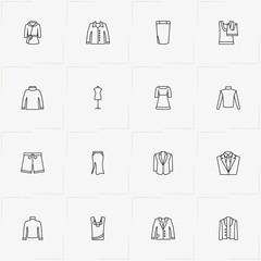 Clothes line icon set with dress, jacket and shorts