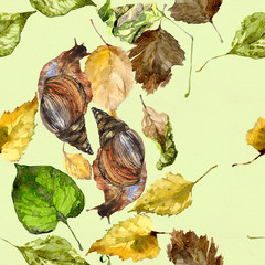 Autumn, rotten, fallen, seasonal leaves from trees. Wet, wet, large snail. Watercolor. Illustration