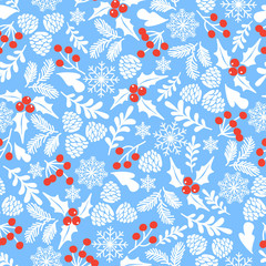Winter seamless vector pattern with holly berries. Part of Christmas backgrounds collection. Can be used for wallpaper, pattern fills, surface textures,  fabric prints.