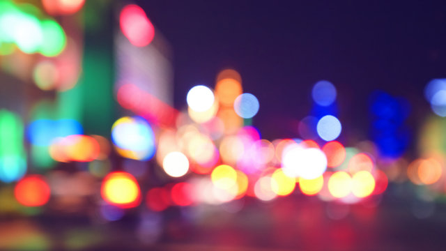 Blurred city lights at night, color toning applied, Las Vegas, USA.